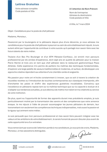 Lettre de motivation Boulanger ou Pâtissier