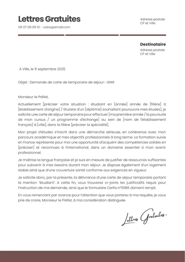 Une lettre demande de carte de séjour étudiant