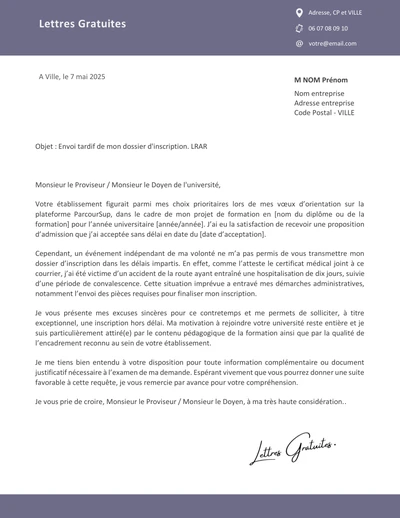 Une lettre de demande d'inscription hors délai pour des études