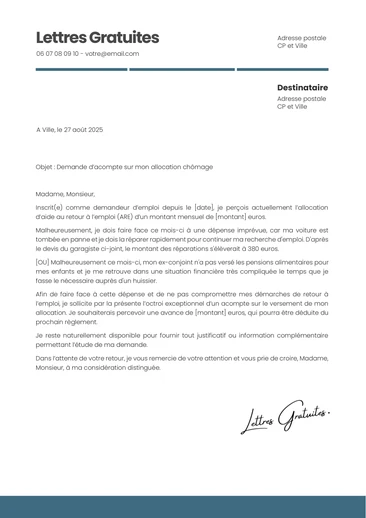 Une lettre de demande d'acompte à France Travail