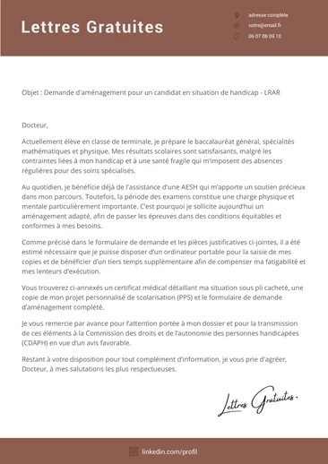 Une lettre de demande de tiers temps pour un examen