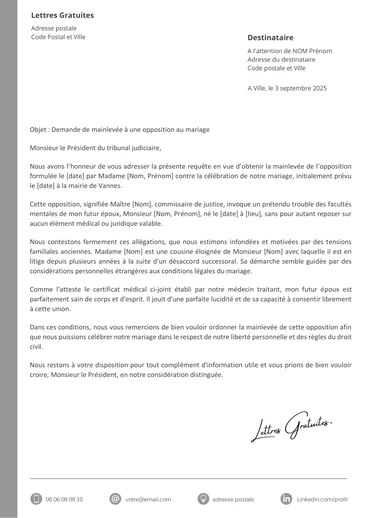 Une lettre de demande de mainlevée d'une opposition au mariage