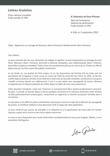 Une lettre pour faire opposition à un mariage