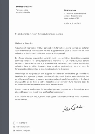 Une lettre de demande de dérogation pour la soutenance d'un mémoir