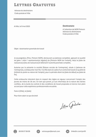 Une lettre d'autorisation parentale pour le travail d'un mineur