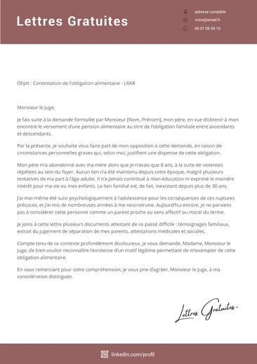 Une lettre de contestation d'une obligation alimentaire entre ascendant et desce