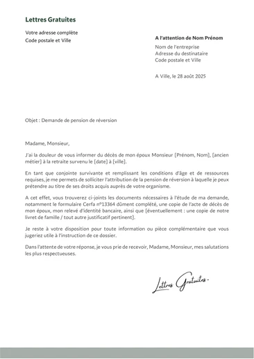 Une lettre de demande de pension de réversion