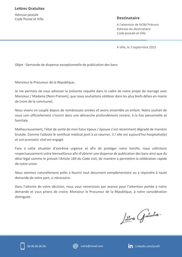 Une lettre de demande dispense de publication des bans