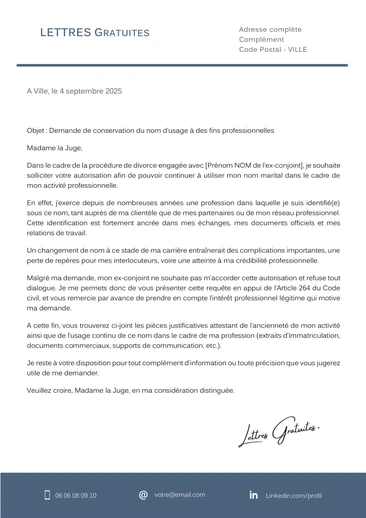 Une lettre au juge pour demander à conserver le nom de son ex mari