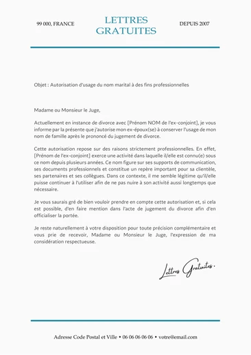 Une lettre d'autorisation de garder le nom d'épouse