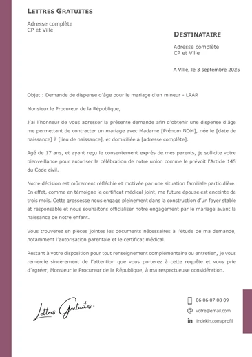 Une lettre de demande d'autorisation pour le mariage d'un mineur
