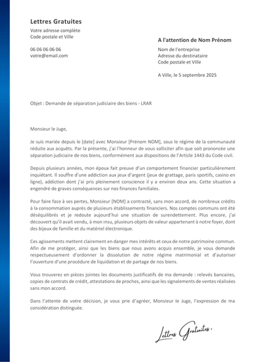 Une lettre de demande de séparation judiciaire des biens du mariage