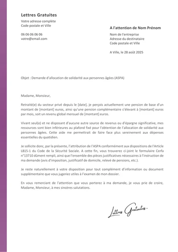 Une lettre de demande d'ASPA