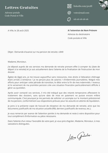 Une lettre de demande d'avance sur sa future retraite
