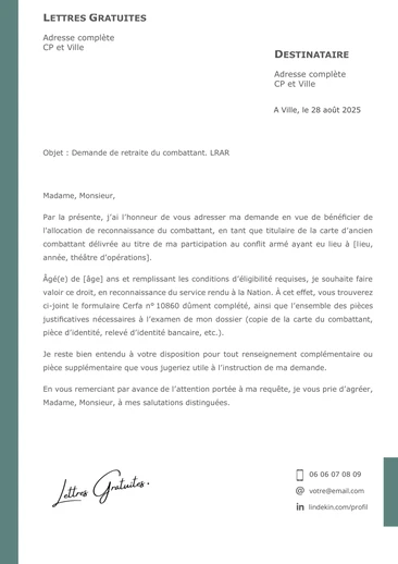 Une lettre de demande de retraite du combattant