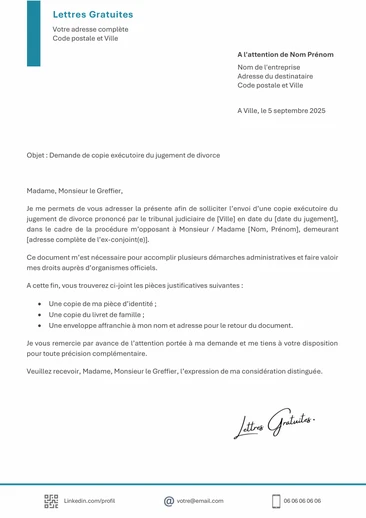 Une lettre de demande de copie du jugement du divorce