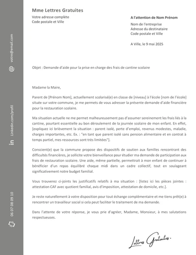 Une lettre de demande d'aide pour payer la cantine scolaire