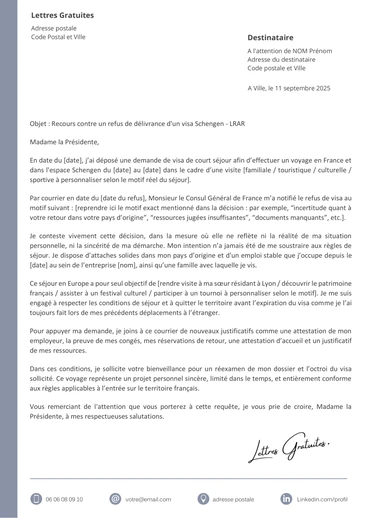 Une lettre de recours après un refus de visa de court séjour