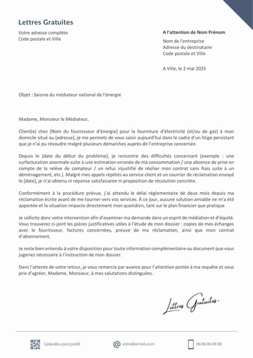 Une lettre type pour saisir le médiateur de l'énergie ou des télécommunications