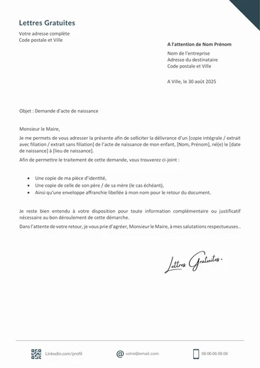 Une lettre pour demander un acte d'état civil à une mairie