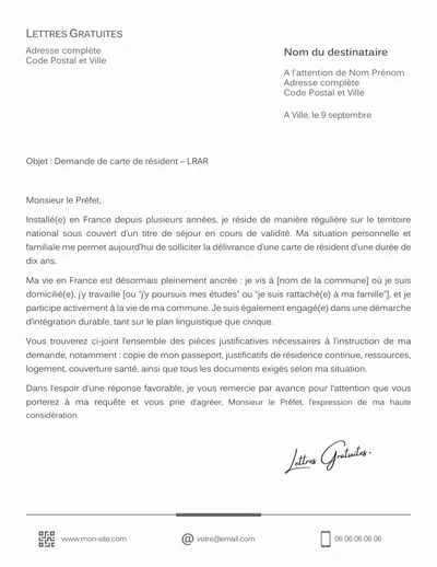 Une lettre de demande de carte de résident en France
