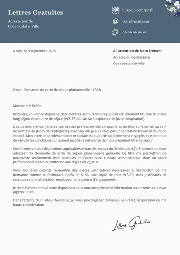 Une lettre personnelle pour demander une carte de séjour pluriannuelle