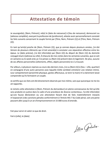 Une lettre de témoignage en faveur d'une amie pour son divorce