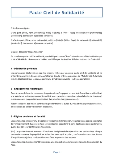 Première page d'une convention de PACS au format Word ou PDF