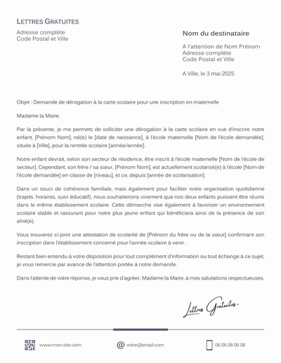 Une lettre de demande de dérogation scolaire
