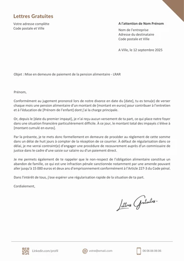 Une lettre pour le non-paiement de pension alimentaire