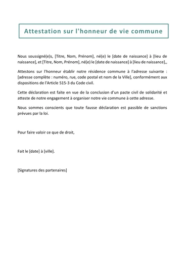 Une attestation de résidence commune