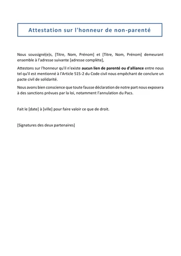 Une attestation sur l'honneur de non parenté et d'alliance
