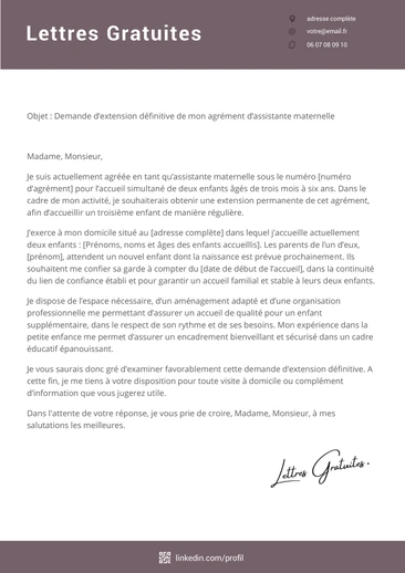 Une lettre de demande d'extension d'une assistante maternelle