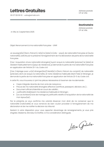 Une lettre de renonciation à la nationalité française
