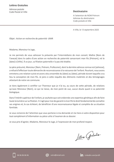 Une lettre de demande de test de paternité