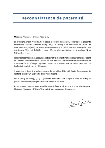 Une lettre de reconnaissance de paternité