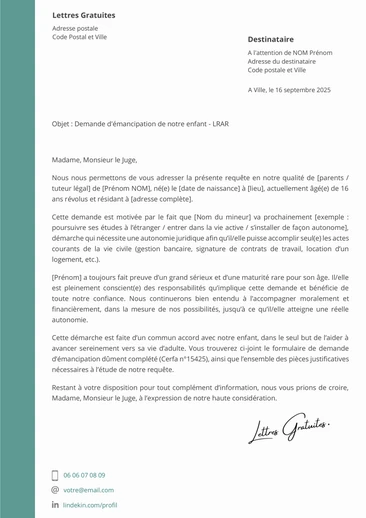 Une lettre de demande d'émancipation d'un mineur