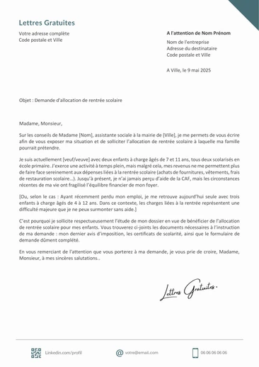 Une lettre de demande d'allocation de rentrée scolaire (ARS)