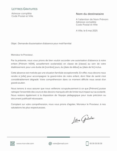 Une lettre de demande d'autorisation d'absence scolaire pour raison familiale