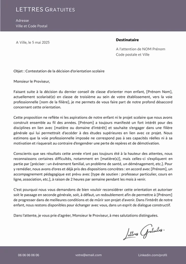 Une lettre de recours contre une décision d'orientation scolaire