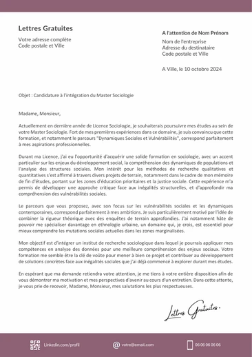 Une lettre de motivation pour un Master Sociologie