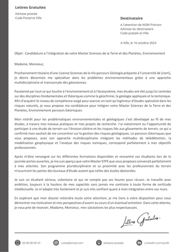 Une lettre de motivation pour un Master Sciences de la Terre et des Planètes, En