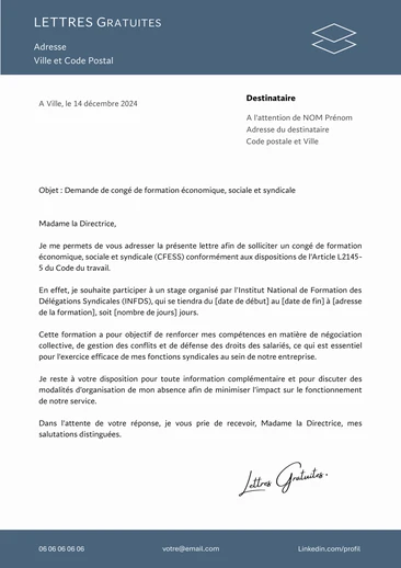 Une lettre pour demander un congé pour formation économique social