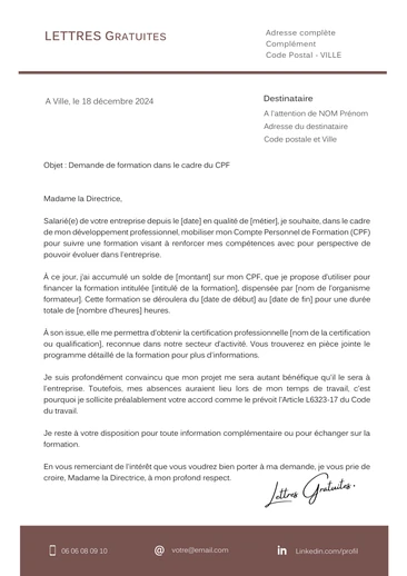 Une lettre de demande de formation CPF