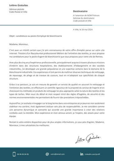 Une lettre de motivation d'un agent de blanchisserie