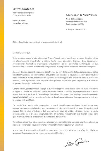 Une lettre de motivation d'un chaudronnier