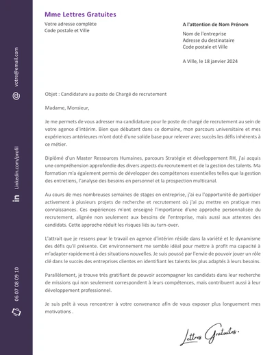 Une lettre de motivation d'un chargé de recrutement et de Sourcing