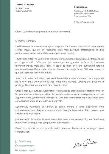 Une lettre de motivation d'un animateur commercial