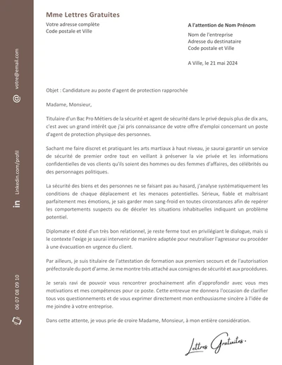 Une lettre de motivation d'un garde du corps