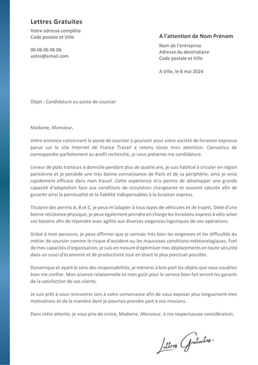 Une lettre de motivation d'un coursier